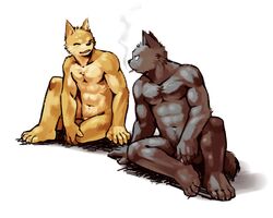 4_toes 5_fingers ^69 abs anthro barefoot black_nose blush canine cigarette claws closed_eyes fur furry_ears looking_at_another male male_only multiple_males muscles navel nude open_eyes penis pointy_ears pubic_hair sitting smile smoke smoking tail white_background rating:Explicit score:1 user:bot