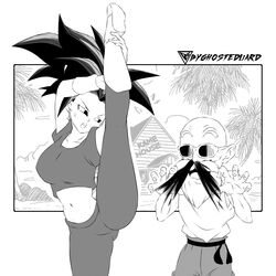 1boy 1girls angry_face ass_visible_through_thighs black_and_white black_eyes black_hair byghosteduard clothed clothing commission dragon_ball dragon_ball_super earrings female girl kefla leg_hold leg_hold_pose long_hair master_roshi potara saiyan sketch rating:Safe score:22 user:DTHeliRepeat