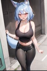  ai_generated angry blue_hair fox fox_ears foxgirl leggings tank_top  rating:explicit score: user:vancock