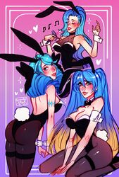 2020s 2023 3girls artist_logo artist_name ass ass_focus big_breasts black_collar blue_eyes blue_hair blush blush bowtie bowtie_collar breasts bunny_costume bunny_ears_(cosmetic) bunny_hair_ornament bunny_suit bunny_tail closed_eyes clothed_female collar cuffs_(clothing) cute dat_ass earrings embarrassed eyebrows_visible_through_hair eyelashes_visible_through_hair eyes_visible_through_hair female female_only gradient_hair gwen_(league_of_legends) large_breasts league_of_legends leggings long_hair looking_at_viewer looking_back looking_back_at_viewer music_note ponytail poposhirat riot_games seraphine_(league_of_legends) simple_background singing smiling smiling_at_viewer sona_buvelle thick_thighs twin_drills twintails wide_hips yellow_hair rating:Questionable score:174 user:Nucipuci