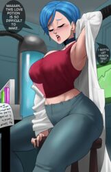 1girls absurdres blue_hair bulma bulma_briefs dragon_ball dragon_ball_super echosaber english_text female jeans labcoat large_breasts light_skinned_female scientist short_hair tagme thick_thighs rating:Questionable score:478 user:N33dForBr33d