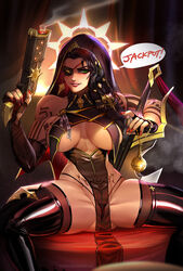 2023 badcompzero big_ass big_butt black_hair broken_covenant_samira english_text eyepatch green_eyes gun halo hi_res high_resolution highres holding_gun hood large_ass large_butt league_of_legends league_of_legends:_wild_rift legs_apart legs_spread light-skinned_female light_skin long_hair pubic_tattoo samira_(league_of_legends) sitting solo solo_female solo_focus spread_legs tattoo text thick_thighs rating:Questionable score:162 user:ApexLegend8