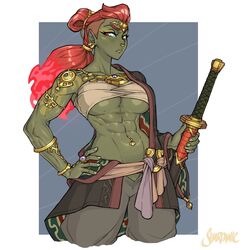 1girls abs bandaged_chest bandages digital_art digital_drawing_(artwork) digital_media_(artwork) digital_painting_(artwork) female female_only freckles ganda ganondorf genderswap_(mtf) gerudo green_skin hand_on_hip jewelry long_hair looking_at_viewer muscular muscular_female nintendo nose_ring pointy_ears ponytail red_hair ring ring_(jewelry) rule_63 shardanic shaved_head solo sword tears_of_the_kingdom the_legend_of_zelda underboob yellow_eyes rating:Questionable score:286 user:!nner$elf89