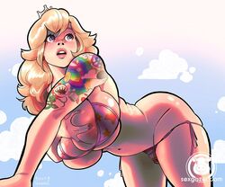 1girls all_fours arm_support artist_name bent_over big_breasts bikini blonde_hair blue_eyes breast_grab breasts bursting_breasts busty cleavage female female_only grabbing_own_breast huge_breasts large_breasts legs long_hair mario_(series) navel nintendo nipples open_mouth pink_bikini pink_lips princess princess_peach sexgazer swimsuit tattoo thick_thighs thighs voluptuous rating:Explicit score:128 user:spk120