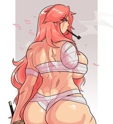 back back_view baiken face_paint guilty_gear guilty_gear_strive handicapped katana large_ass loggus_doggus muscular muscular_female pink_hair scar scars sideboob smoke smoking tattoo toned toned_body toned_female wrapped wrappings rating:Questionable score:133 user:Log_draws