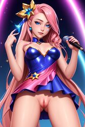  ai_generated blue_eyes cute dress dress_lift exhibitionism facial_mark facial_markings hips league_of_legends lips long_hair looking_at_viewer microphone mouth nose nude partially_clothed peace_sign performance pink_hair public_nudity pussy seraphine_(league_of_legends) stable_diffusion teenager tight_clothing unboundaimagination  rating:explicit score: user:natibusamator