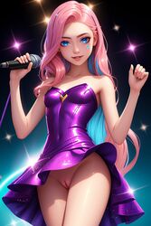  ai_generated blue_eyes blue_highlights cute dress dress_lift exhibitionism facial_mark facial_markings hips league_of_legends lips long_hair looking_at_viewer microphone mouth nose nude partially_clothed performance pink_hair public_nudity pussy seraphine_(league_of_legends) stable_diffusion teenager tight_clothing unboundaimagination  rating:explicit score: user:natibusamator