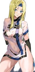 1girls ashiomi_masato bikini bikini_under_clothes blonde_hair guilty_gear guilty_gear_strive headband highres kneeling long_hair millia_rage see-through string_bikini swimsuit rating:Explicit score:52 user:bot