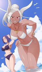 2girls :/ :d absurdres alternate_hairstyle animal_ears armpits bare_shoulders bikini bird blue_sky bracelet breasts cleavage cloud collarbone dark-skinned_female dark_skin hand_on_own_head hand_on_own_hip hands_on_own_hips hanging_breasts highres jewelry kaina_tsutsumi ko_koyap lady_nagant large_breasts leaning_forward long_eyelashes long_hair looking_at_viewer looking_to_the_side miruko multicolored_hair multiple_girls my_hero_academia navel open_mouth outdoors parted_bangs pendant pink_hair ponytail purple_bikini purple_eyes purple_hair rabbit_ears rabbit_girl rabbit_tail red_eyes rumi_usagiyama seagull short_hair side-tie_bikini_bottom sky smile solo_focus stomach streaked_hair swimsuit tail thighs toned two-tone_hair water wet white_bikini white_hair rating:Questionable score:336 user:Kuraiyagare