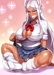 1girls animal_humanoid big_breasts bottomwear breasts busty cleavage cleavage_cutout clothed clothed_female clothes clothing curvaceous curvy curvy_female dark-skinned_female dark_skin eyelashes feet feet_together female footwear front_view fully_clothed haikawa_hemlen hair hi_res humanoid large_breasts long_hair looking_at_viewer miruko my_hero_academia necktie panties pantyshot rabbit_ears rabbit_humanoid red_eyes rumi_usagiyama school_uniform shirt simple_background sitting skirt smile smiling smiling_at_viewer socks solo straight_hair teeth thick_thighs thighs topwear underwear upskirt white_hair white_panties rating:Questionable score:143 user:Nostalgia_64