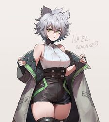 animal_ears breasts cat_ears cat_girl character_name chest_jewel clothing_cutout copyright_name core_crystal diamond_cutout english_commentary female fingerless_gloves gloves high-waist_shorts highres looking_at_viewer medium_breasts messy_hair na'el_(xenoblade) na'el_doyle parted_lips romper short_hair short_shorts shorts solo thiccwithaq thick_thighs thighhighs thighs xenoblade_(series) xenoblade_chronicles_3 xenoblade_chronicles_3:_future_redeemed yellow_eyes rating:Questionable score:281 user:Kitsuneeee