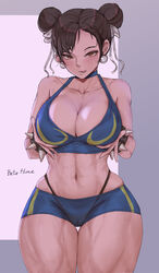 1girls armwear betahimeko big_breasts black_thong breasts brown_hair capcom chun-li cleavage cutesexyrobutts_(style) double_bun ear_piercing earrings female female_only hair hands_on_breasts huge_breasts hyper_thighs looking_at_viewer massive_thighs solo solo_female spiked_bracelet sportswear street_fighter thick_thighs thighs thong thunder_thighs tongue tongue_out yellow_eyes rating:Questionable score:317 user:daft_human