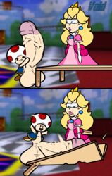 1boy 1girls 2koma blonde_female blonde_hair comic female hyper_penis male mario_(series) meme nintendo princess_peach shorter_male small_but_hung super_mario_64 table taller_female toad_(mario) unamused unimpressed video_games voidsdroids watermark what rating:Explicit score:23 user:VoidsDroids