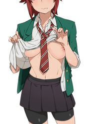 1girls aizawa_tomo between_breasts bike_shorts bike_shorts_under_skirt black_skirt bra bra_lift breast_focus breasts clothes_lift female green_jacket head_out_of_frame highres jacket looking_at_viewer morisobo navel necktie necktie_between_breasts nipples red_hair school_uniform schoolgirl shirt shirt_lift short_hair simple_background skirt solo striped_necktie sweat tomboy tomo-chan_wa_onna_no_ko underwear white_background white_bra white_shirt rating:Explicit score:570 user:Ezekiel2517