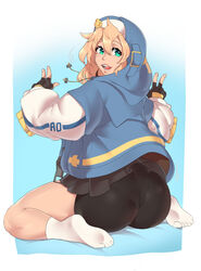 1girls abstract_background ass big_ass bike_shorts blonde_hair blue_eyes bridget fingerless_gloves fully_clothed guilty_gear guilty_gear_strive hexprinxess hoodie kneeling large_ass long_hair looking_back rule_63 shorts smile socks solo thick_thighs thighs rating:Questionable score:294 user:Oktok