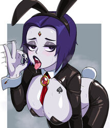 1girls bent_over black_lips blue_hair blush bodily_fluids breasts bunny_ears bunny_ears_(cosmetic) bunny_tail bunnysuit dc dc_comics detached_collar f.b.w fellatio_gesture female female_only forehead_jewel gesture gesturing_at_viewer heart-shaped_pupils hi_res latex looking_at_viewer medium_hair motion_lines narrowed_eyes necktie necktie_between_breasts nipple_pasties open_mouth pale-skinned_female pale_skin pasties queen_of_spades rachel_roth raven_(dc) reverse_bunnysuit solo steam tattoo tattoo_on_chest teen_titans tongue_out wrist_cuffs rating:Questionable score:190 user:!nner$elf89