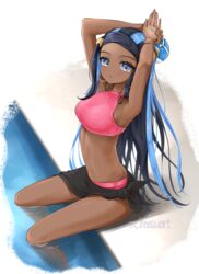 1girls arms_above_head bare_arms bare_legs bare_midriff bare_shoulders black_hair blue_eyes blue_hair bracelet breasts chaesu dark-skinned_female dark_skin earrings game_freak hoop_earrings large_breasts legs_in_water long_hair looking_at_viewer midriff multicolored_hair navel nessa_(pokemon) nintendo pokemon pokemon_ss sitting swimsuit tagme two_tone_hair water wet rating:Questionable score:141 user:CalZone