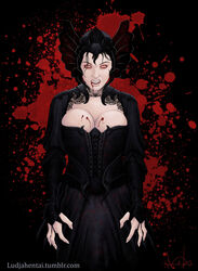 1girls big_breasts black_background black_hair blood candle_(artist) cleavage corset fangs female_only headwear ludja_amsel nel_rivas original_character pale-skinned_female pale_skin solo vampire vampire_teeth rating:Questionable score:15 user:deleted101469