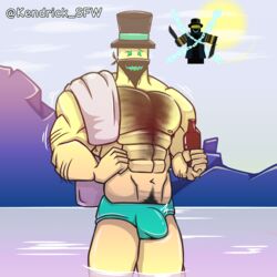 1boy abs armpit_hair armpit_hair_peek bandana bara_tiddies bulge chest_hair daddy gay glowing_eyes hot_spring kendrick_nsfw kensaku_(artist) kyoitekina male_only muscular muscular_male pubic_hair pubic_hair_peek roblox roblox_game robloxian shy slasher_(tds) solo_focus tagme tophat tower_defense_simulator rating:Questionable score:13 user:KieruTaiyo