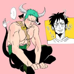 ... 2boys bags_under_eyes blush cow_boy cow_ears cow_horns cow_tail embarrassed full_body gay green_hair haramaki kemonomimi long_sideburns male male_only muscular muscular_male one_piece pecs pink_background pre-timeskip roronoa_zoro sideburns sitting topless topless_male trafalgar_law yaoi zyonnnnn rating:Questionable score:19 user:deleted101928