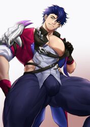 big_pecs blue_hair bulge bulge_through_clothing cachic clothed emerald_eyes green_eyes honkai:_star_rail honkai_(series) male male_only milkers sampo_(honkai_star_rail) solo under_view rating:Questionable score:93 user:deleted106816