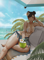 1girls absurdres beach beach_umbrella bikini blue_nails breasts capcom chun-li cleavage closed_mouth day drink feet_out_of_frame female halterneck highres jewelry kumanzart large_breasts lying nail_polish on_side one-piece_tan outdoors pina_colada print_bikini sarong signature sitting sky smile solo street_fighter swimsuit tan tanline thighs toe_ring toenail_polish toenails umbrella voluptuous water wide_hips rating:Questionable score:99 user:Ezekiel2517