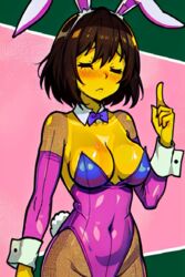 1girls ai_generated blush bob_hair breasts brown_hair bunny_ears bunnysuit closed_eyes female female_only finger_pointing fishnets frisk pink_bunnysuit pixai pointing_up purple_tie solo solo_female tie undertale undertale_(series) upper_body yellow_skin rating:Questionable score:100 user:-FileSize-