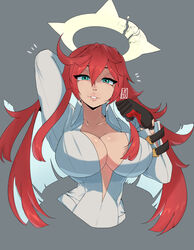 1girls belt belts big_breasts breasts female gloves guilty_gear guilty_gear_strive halo hexprinxess huge_breasts jack-o'_valentine long_hair red_hair smile smiling solo solo_female white_clothing white_shirt rating:Questionable score:137 user:Monbo