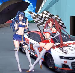 2girls blue_eyes blue_hair boots breasts car chase_elliott checkered_flag chevrolet chevrolet_camaro cleavage commission cropped_jacket elbow_gloves female female_only fire_emblem fire_emblem_awakening flag gloves headset hendrick_motorsports highres holding holding_flag holding_umbrella hooters igni_tion long_hair looking_at_viewer lucina_(fire_emblem) motor_vehicle multiple_girls multiple_straps nascar nascar_cup_series nintendo parasol race_queen race_vehicle racecar racetrack red_eyes red_hair severa_(fire_emblem) sitting_on_car skirt thighhighs umbrella rating:Questionable score:92 user:kris923