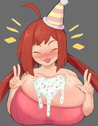 birthday birthday_hat cake happy iris_(vammzu) large_breasts red_hair smile vammzu wholesome rating:Questionable score:78 user:implovesyou