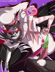 2boys angel_dust_(hazbin_hotel) anus arachnid ass balls blush condom cowgirl_position feline femboy gay hazbin_hotel husk_(hazbin_hotel) male male_only noxoic penis smile spider yaoi rating:Explicit score:45 user:FemboysAreLife