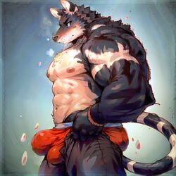 ai_generated aimenlover anthro bara bulge clothed clothing fur furry gay half-dressed males_only muscular muscular_male semi_clothed solo stable_diffusion tagme rating:Explicit score:14 user:endershark