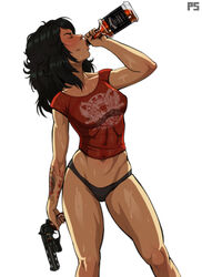 1girls :>= absurd_res alcohol black_hair blush clothing drinking female female_only firearm gun handgun human long_hair pale_skin panties pumpkinsinclair revolver rubi_malone solo sweat t-shirt tattoo tattoo_on_arm weapon wet_(game) whiskey white_background rating:Questionable score:128 user:!nner$elf89