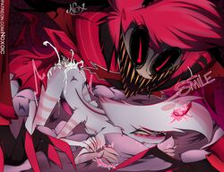 2boys alastor_(hazbin_hotel) angel_dust_(hazbin_hotel) arachnid ass biting_pillow blush cum cum_in_ass cum_inside demon doggy_style ejaculation erection face_down_ass_up femboy gay hazbin_hotel horror male male_only noxoic penis pillow scary size_difference smile spider text trembling yaoi rating:Explicit score:77 user:FemboysAreLife