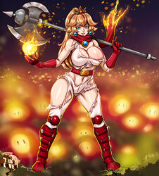 1girls 7th-heaven blonde_hair blue_eyes bodysuit breasts crown female female_only fire fire_flower fire_manipulation fire_peach hi_res large_breasts looking_at_viewer mario_(series) outdoors princess_peach ripped_clothes ripped_clothing solo standing super_mario_bros. super_mario_bros._(2023_film) torn_bodysuit wide_hips rating:Explicit score:22 user:WatchTheLanguage