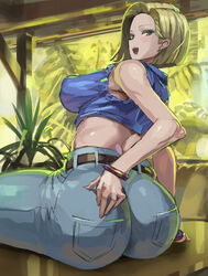 1girls android_18 ass blonde_hair blue_eyes breasts dat_ass dragon_ball dragon_ball_z female female_only fully_clothed huge_ass huge_breasts jeans kazo large_breasts low-angle_view short_hair solo rating:Explicit score:155 user:Aeolus_HX