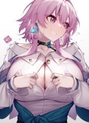 1girls big_breasts blush breasts busty cleavage come_hither honkai:_star_rail izulizuru large_breasts looking_away march_7th_(honkai:_star_rail) nervous_smile open_shirt paizuri_invitation pov smile sweat voluptuous rating:Questionable score:374 user:LustsEdge