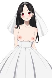 1girls areolae bare_shoulders black_hair blush breasts breasts_out bride chest cleavage collarbone coro_fae cute dress dress_down embarrassed exposed_breasts female female_only head_tilt highres kaguya-sama_wa_kokurasetai_~tensai-tachi_no_renai_zunousen~ light-skinned_female long_hair looking_at_viewer medium_breasts nipples presenting presenting_breasts red_eyes shinomiya_kaguya small_breasts smile solo tiara veil wedding_dress white_background white_dress rating:Explicit score:121 user:Mivaza