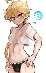 1boy aether_(genshin_impact) ahoge blonde_hair blush braid braided_hair braided_ponytail btms666 bulge bulge_through_clothing eyelashes femboy genshin_impact long_hair looking_at_viewer male male_only midriff navel nipples ponytail see-through smile solo t-shirt text thong wet wet_clothes wet_shirt wet_t-shirt white_t-shirt wide_hips yellow_eyes rating:Explicit score:337 user:Disastermaster55