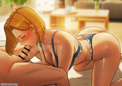 1girls absurdres all_fours android_18 ass bar_censor bed blonde_hair blue_eyes blurry blurry_background blush bob_cut bra breasts breath censored cleavage dragon_ball dragon_ball_z earrings embarrassed fellatio female from_side half-closed_eyes highres indoors jewelry large_breasts legs lying medium_hair milf on_bed oral panties partial_male penis roborobocap sweat thighs underwear underwear_only rating:Explicit score:234 user:Milfan