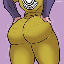 1girls ass ass_focus bulma_briefs canonical_scene colacat95 dragon dragon_ball dragon_ball_super hands_on_hips jumpsuit thick thick_ass thick_thighs thighs rating:Questionable score:136 user:Colacat95