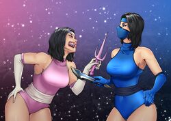 2girls big_thighs black_hair blue_clothing blue_eyes breasts edenian fan fangs female female_only fully_clothed gloves kitana leotard mask masked masked_female mileena mortal_kombat mortal_kombat_2 pink_clothing purple_clothing sai_(weapon) sharp_teeth sisters tarkatan thighs thotlerrr treartz voluptuous voluptuous_female weapon yellow_eyes rating:Safe score:96 user:Monbo