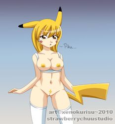 2010 beige_skin bottomless breasts brown_eyes clothes color electricity female female_only front_view fur furry_ears hair humanized humanized_pokemon kemonomimi looking_at_viewer navel nintendo nipples open_eyes open_mouth pikachu pointy_ears pokemon pubic_hair solo standing tail text vulva xenokurisu yellow_fur yellow_hair yellow_nipples rating:Explicit score:9 user:bot