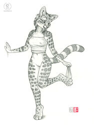 2014 anthro bottomless clothed clothing feline female fur furry kacey mammal monochrome panties pussy serval skimpy solo underwear undressing rating:Explicit score:24 user:bot