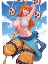 1girls armpits asura_(artist) brown_eyes cosplay crossplay duplicate electricity enel_(cosplay) female female_focus female_only inner_sideboob long_hair nami one_leg_up one_piece orange_hair post-timeskip post_timeskip sideboob slim_waist smile smiling_at_viewer solo solo_female solo_focus white_bra rating:Safe score:281 user:sussyguy43