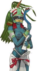 1girls blue_skin breasts mexican mossa mythology solo topless white_background rating:Explicit score:106 user:upvote