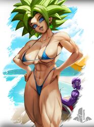 1boy 1girls abs alien beach biceps bikini blue_eyes breasts dragon_ball dragon_ball_super ear_piercing earrings elitenappa female female_focus female_saiyan fusion green_hair hands_on_hips hit_(dragon_ball) kefla legendary_super_saiyan looking_at_viewer looking_back male muscular muscular_female piercing potara_earrings smile super_saiyan super_saiyan_2 thick_thighs thunder_thighs wide_hips rating:Questionable score:152 user:Rex_Hollins