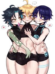 3boys aether_(genshin_impact) ahoge arm_tattoo blonde_hair blush boy_sandwich btms666 bulge condom_in_mouth erection erection_under_clothes femboy genshin_impact green_hair hand_on_chest heart light-skinned_male light_skin looking_at_viewer male_only nipple_slip orange_eyes pale-skinned_male pale_skin pointy_ears purple_eyes purple_hair sandwiched scaramouche_(genshin_impact) slit_pupils smile spoken_heart thighs trio white_background xiao_(genshin_impact) yellow_eyes rating:Questionable score:179 user:Rravioliiii