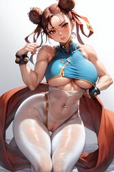 ai_generated bracelet breasts brown_eyes brown_hair chun-li curvaceous double_bun female hair_bun high_resolution jewelry muscular_female original pantyhose see-through_clothing solo spikes street_fighter street_fighter_alpha thighs tied_hair underboob voluptuous rating:Explicit score:143 user:Crush40