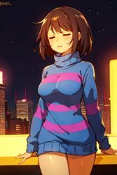 ai_generated bob_hair brown_hair city_background closed_eyes female female_human female_only frisk night night_sky no_pants no_shorts pixai roof rooftop solo solo_female striped_shirt sweater sweater_dress turtleneck turtleneck_sweater undertale undertale_(series) rating:Questionable score:187 user:-FileSize-